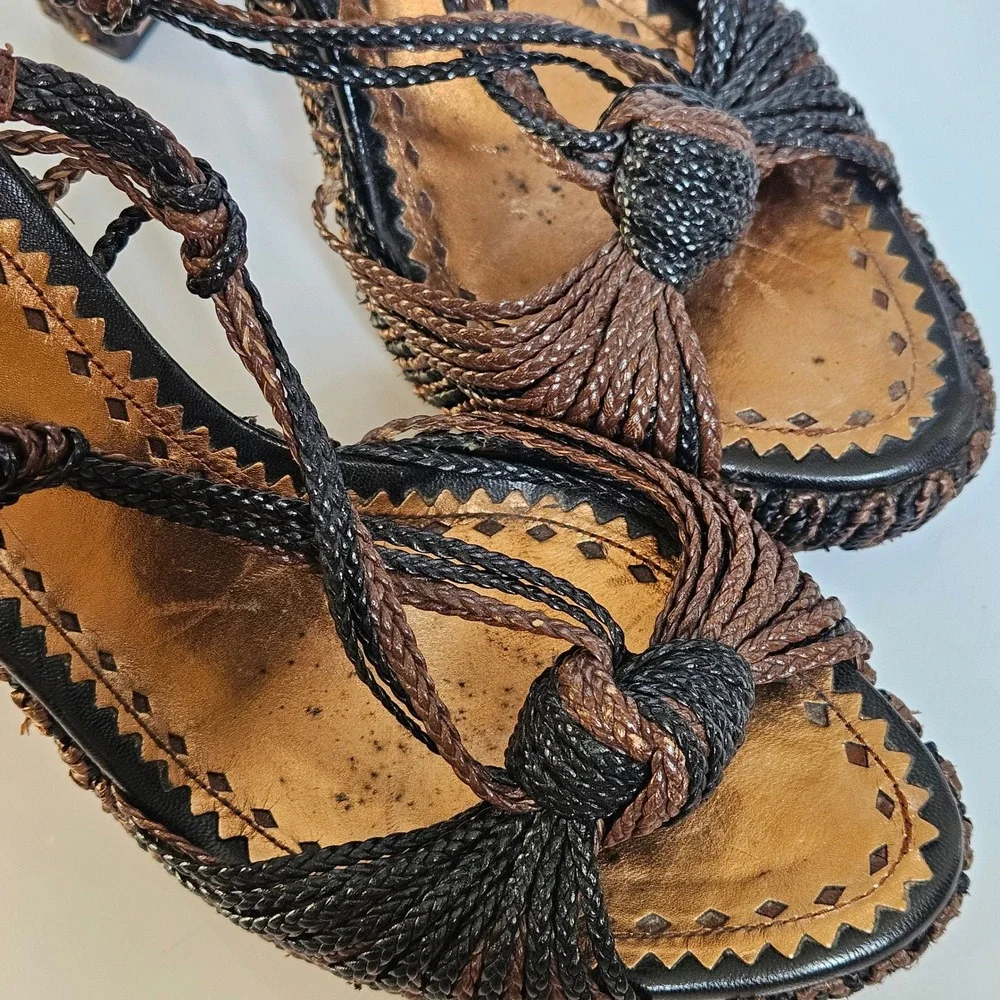 Prada Woven Bronze Metallic Platform Sandals Block Heel Knotted Raffia 40.5 IT